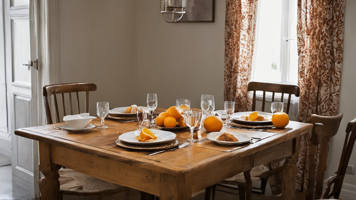 Une table de dîner simple en début de soirée dans une salle à manger calme.