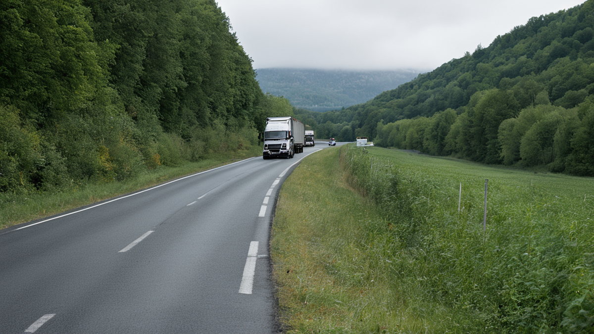 Une petite route de montagne dessert une zone de maraîchage avec des cagettes et un véhicule utilitaire.
