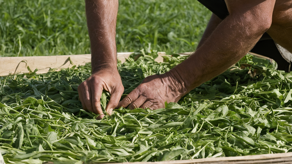 Un étal de légumes au marché présente des quantités modestes de choux et de légumes feuilles.