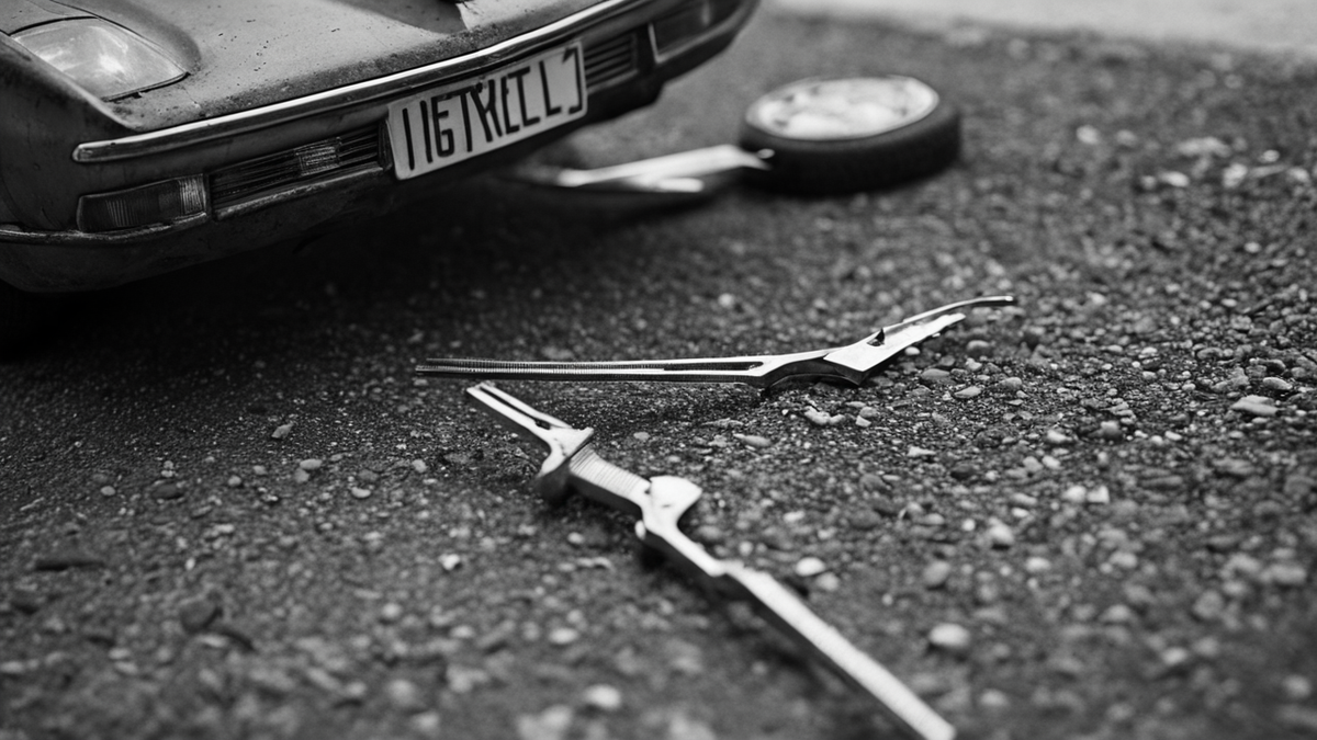 Tableau de bord avec jauge basse et ticket de station sur la console.