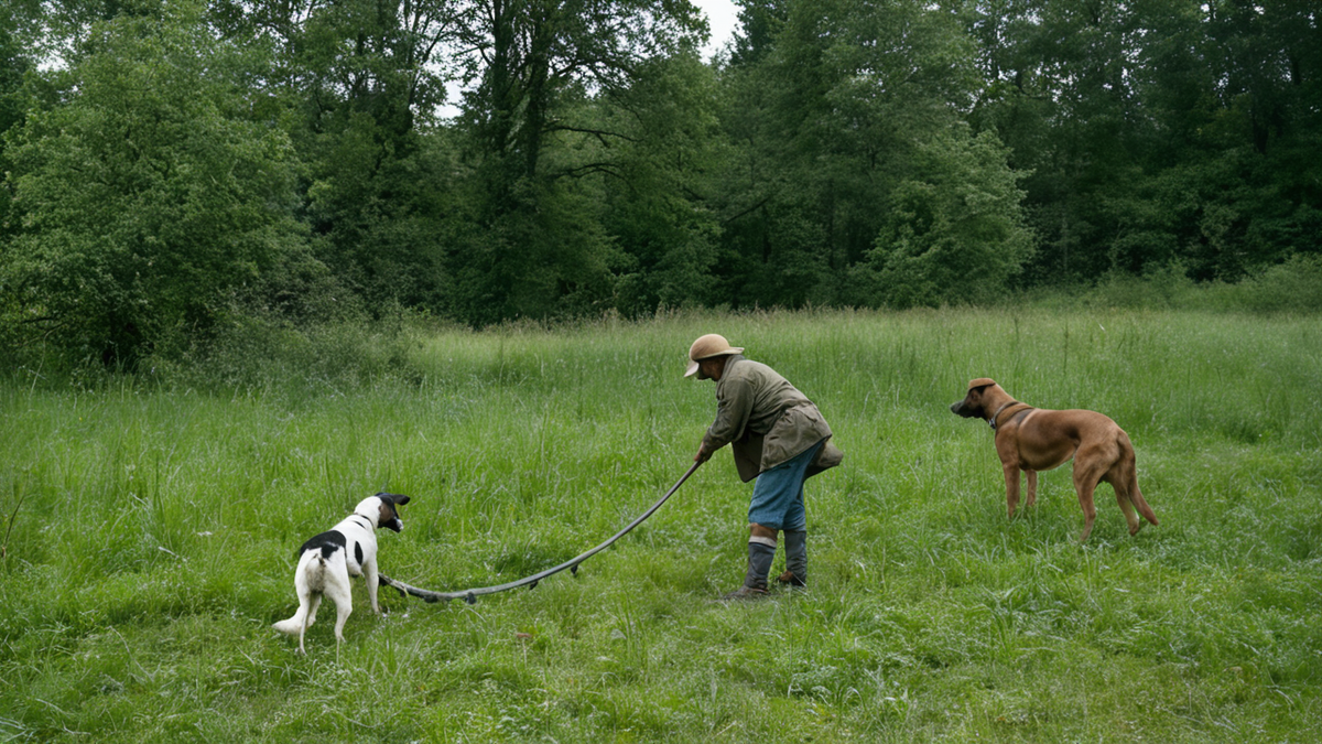 Une reconstitution montre des chiens anciens calmes près d’un camp humain préhistorique.