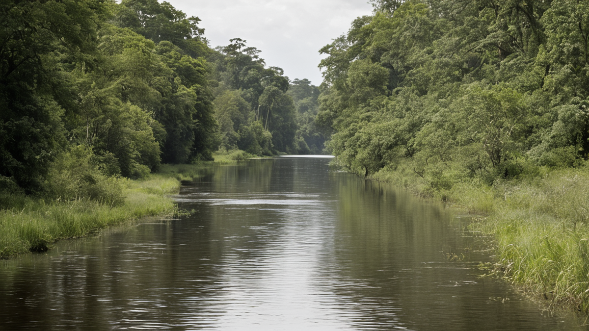 Un paysage fluvial du Congo avec chute d’eau et végétation dense rappelle l’ampleur de l’écosystème concerné.