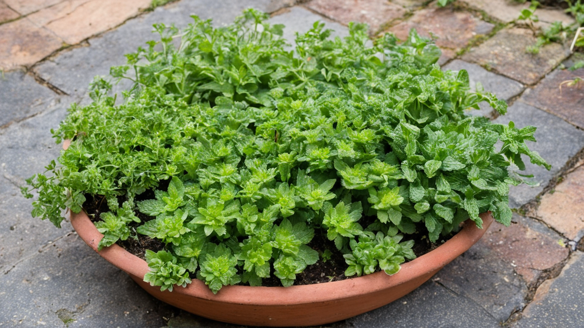 Les ouvertures latérales d’un pot à fraises accueillent plusieurs petites plantes sur un balcon.