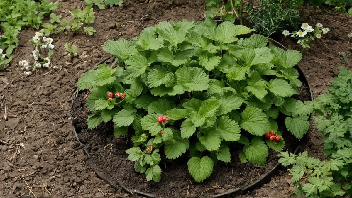 Le haut d’un pot à fraises avec une plantation compacte et un système d’arrosage central discret.