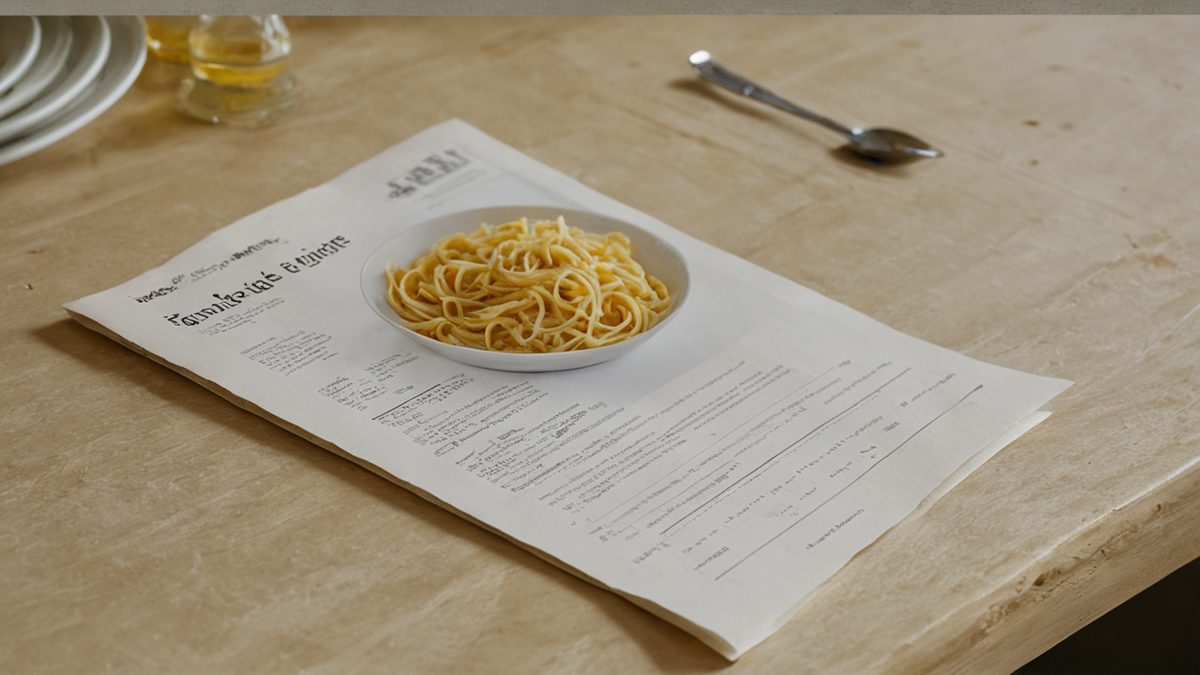 Table de cuisine avec liste de courses floutée, cabas et produits alimentaires simples.