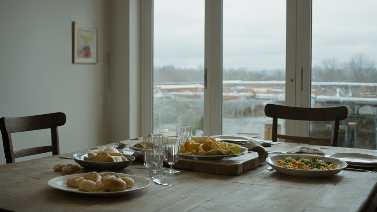 Des courses du quotidien sont posées sur une table avec un ticket de caisse non lisible retourné.