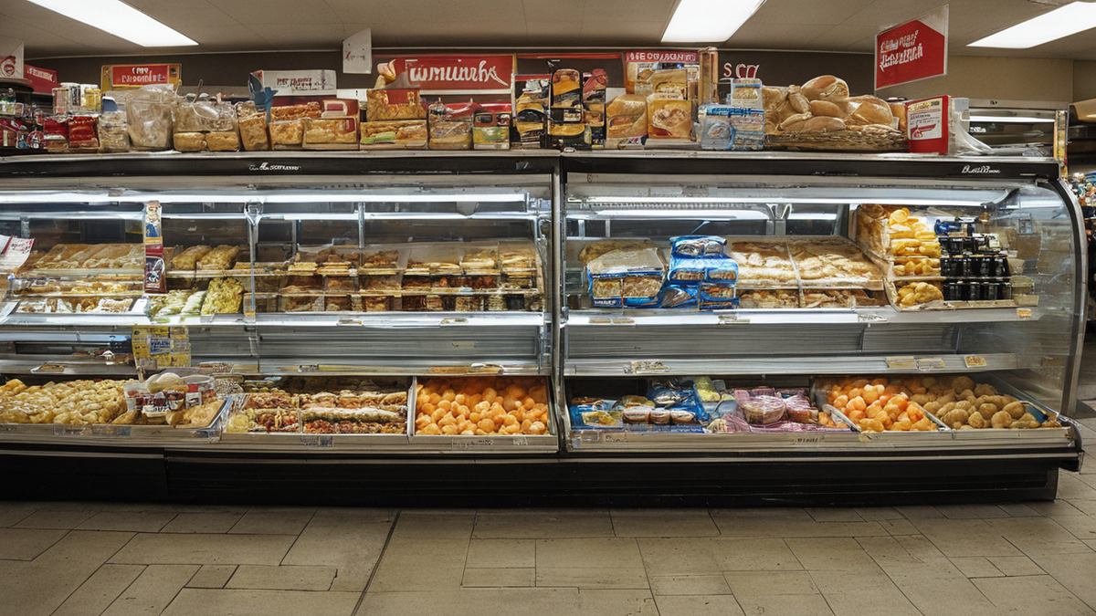 Une gondole de supermarché montre un point de décision d'achat avec produits de grignotage et promotion non lisible.