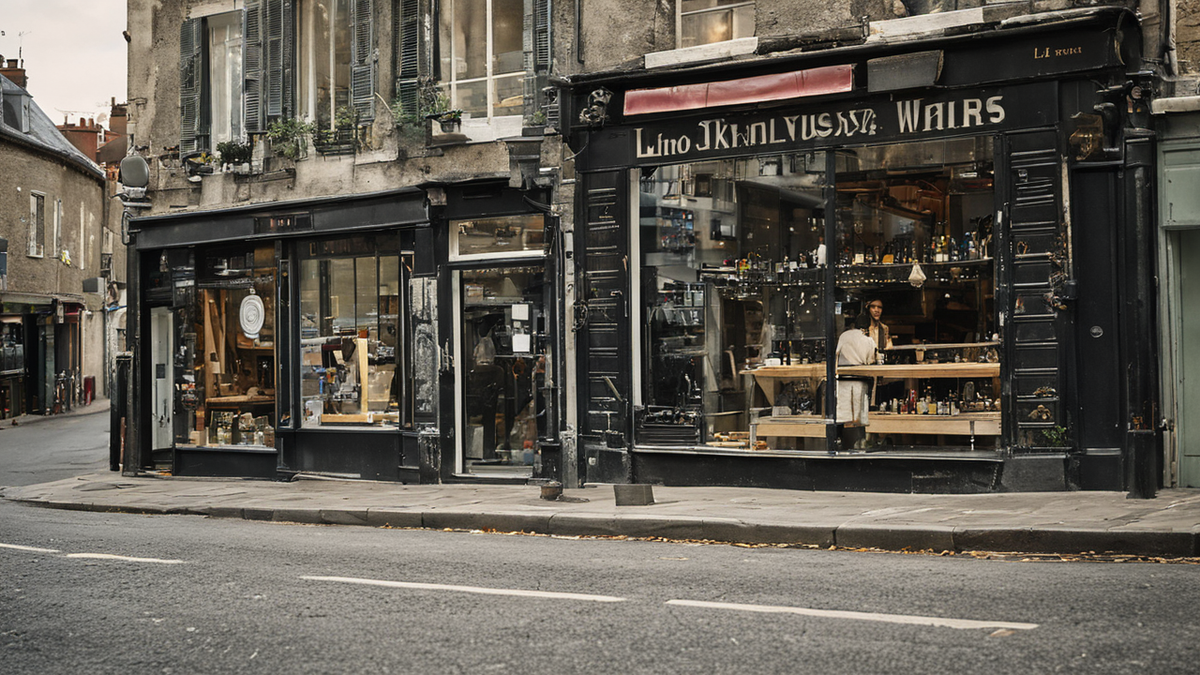 Une rue commerçante de quartier avec plusieurs activités ouvertes et des habitants en mouvement.