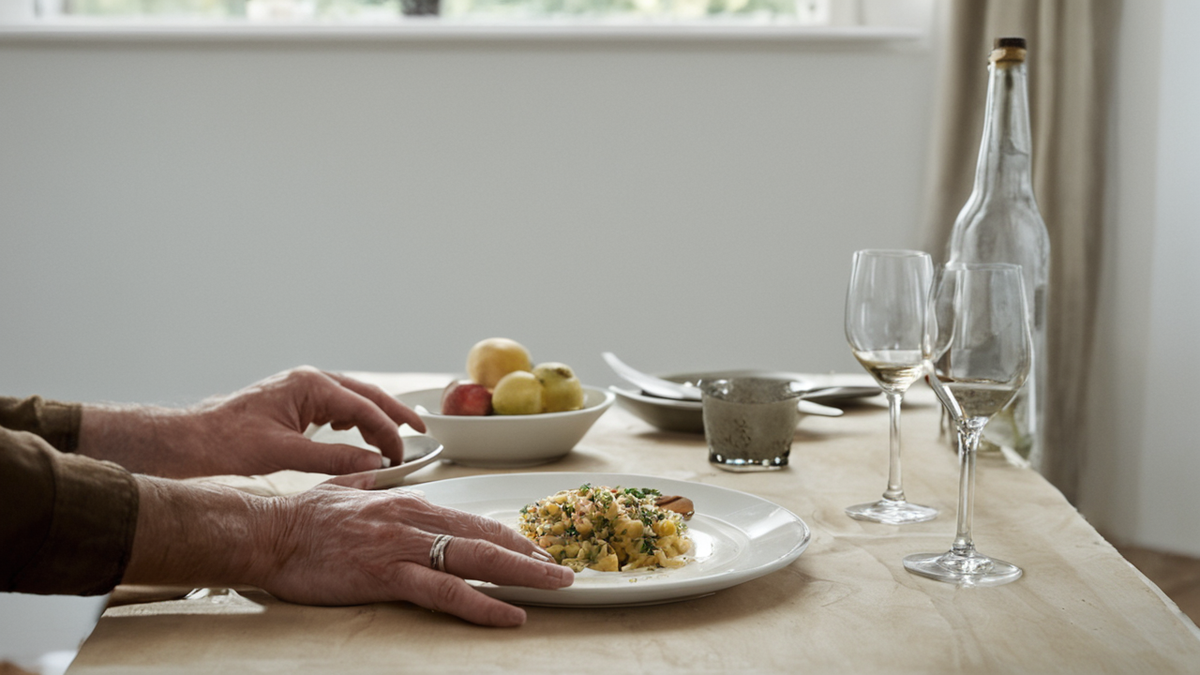 Table de repas après une soirée, partiellement débarrassée dans une maison calme.
