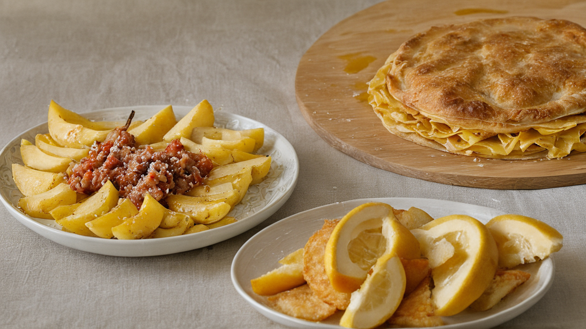 Une petite cuisine avec repas préparé et quelques produits frais sur la table.