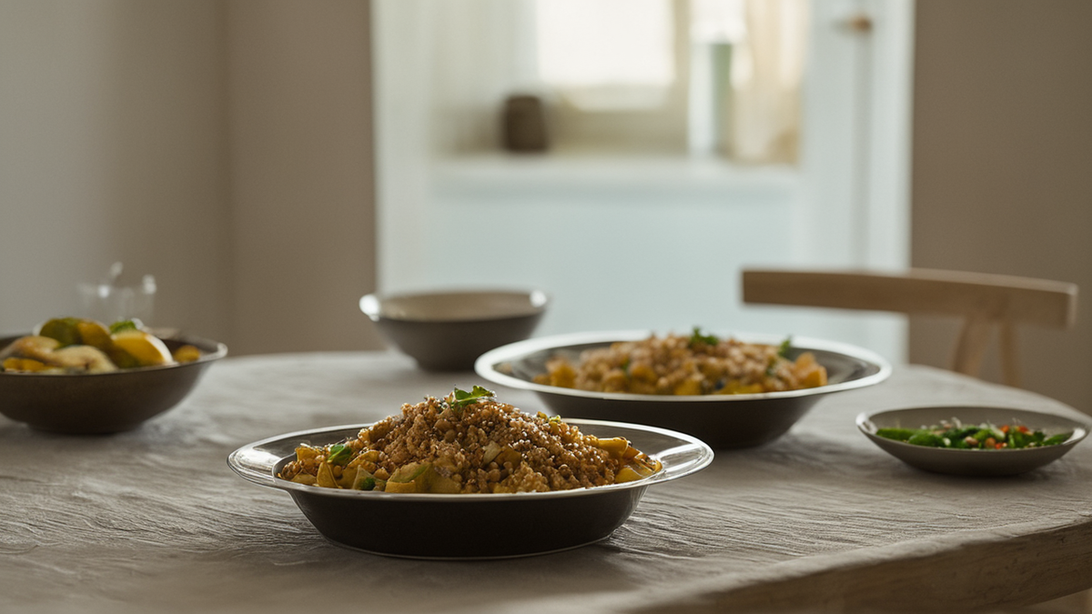 Une table de cuisine calme avec une assiette et une boîte de livraison refermée.