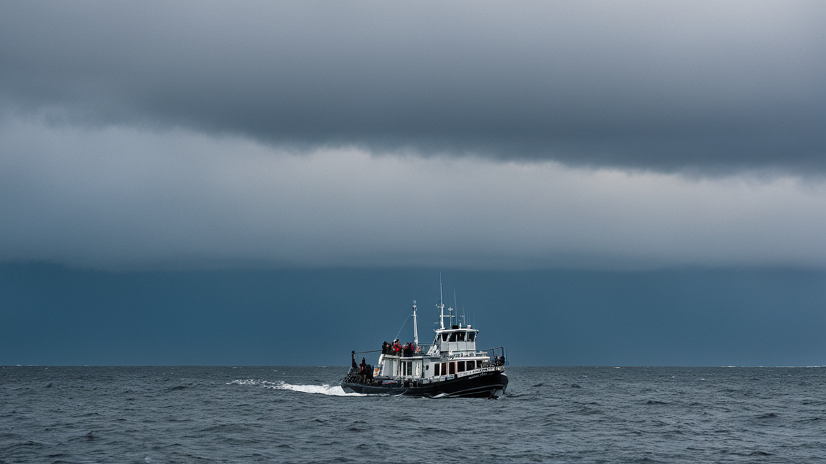 Bateau de recherche en mer avec matériel de mesure fixé au bastingage et horizon sombre.