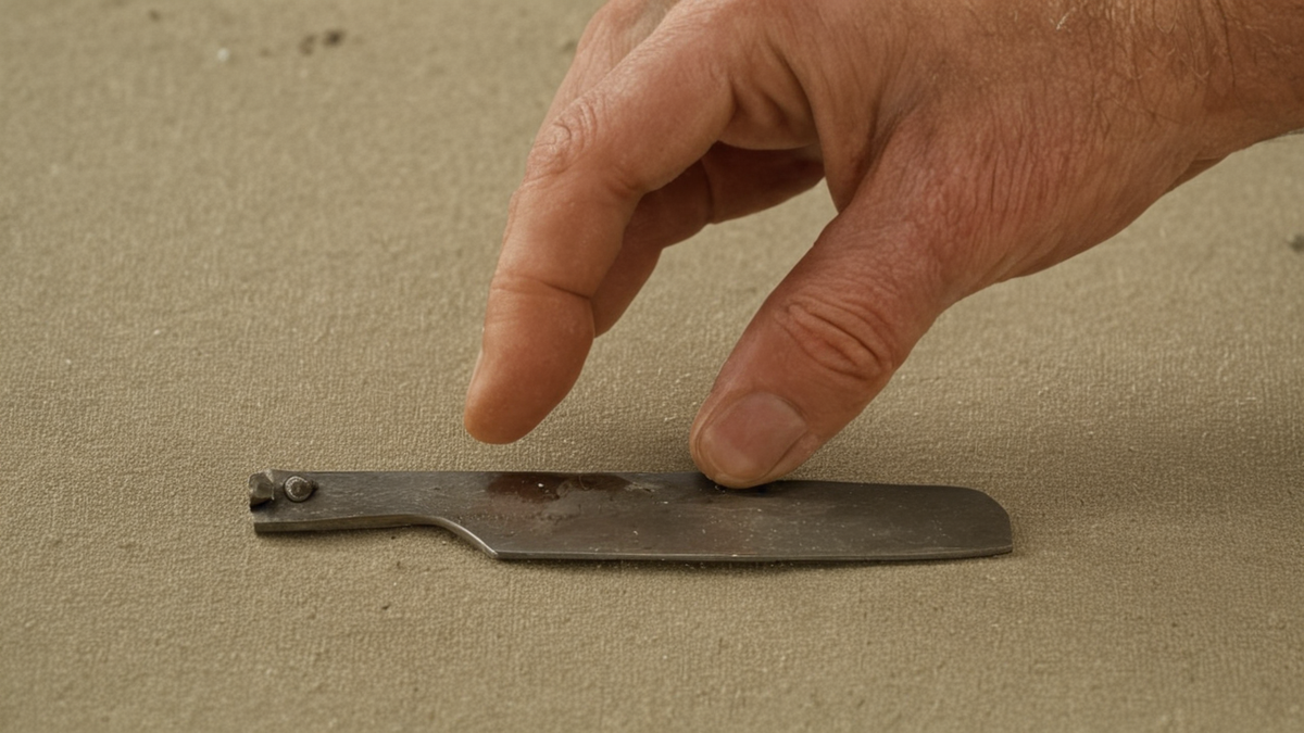 Une table d’atelier avec machine à coudre, craie et vêtement prêt à être repris.