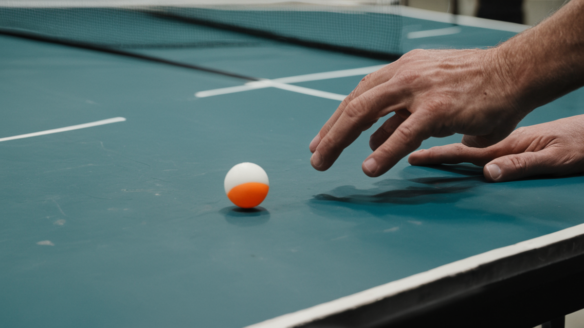 Une table de ping-pong après un échange avec un robot en arrière-plan.