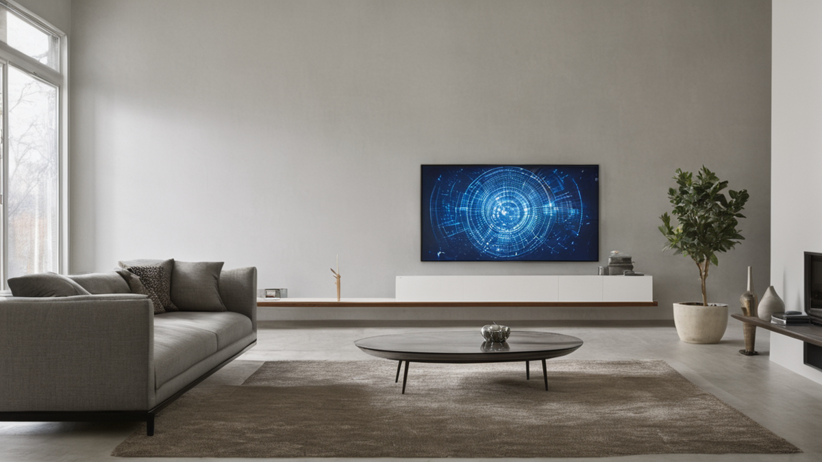 Un salon connecté avec télévision et routeur visible près des autres appareils.