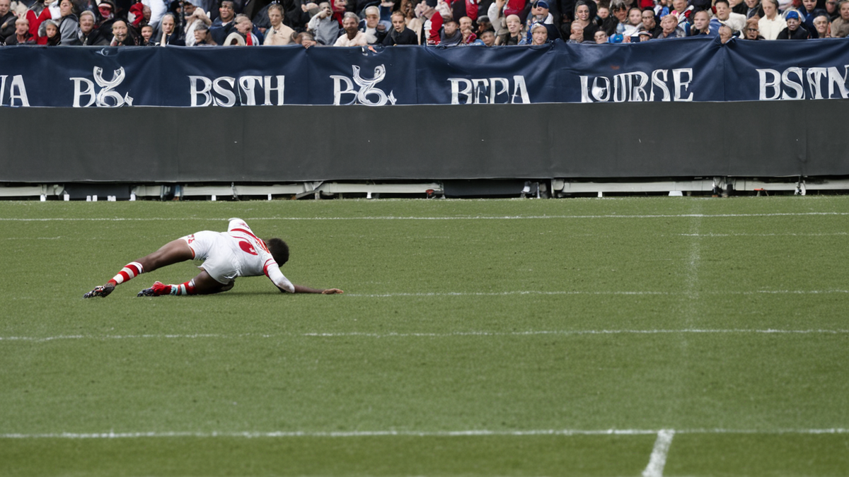 Un siège de stade avec une écharpe posée devant une pelouse de rugby vide.