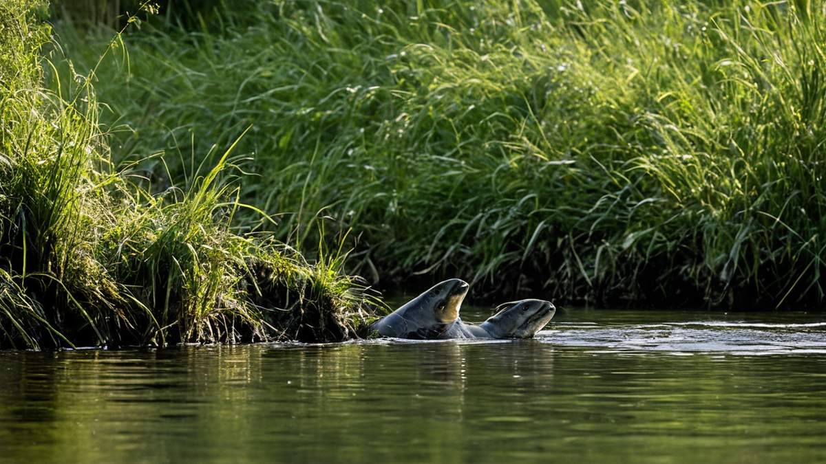Un capteur acoustique installé sous l’eau avec un saumon au loin.