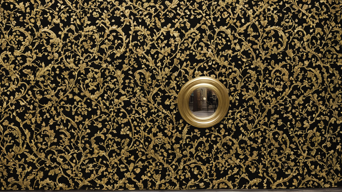 Une robe sculpturale exposée dans une salle contemporaine avec un détail doré fort.