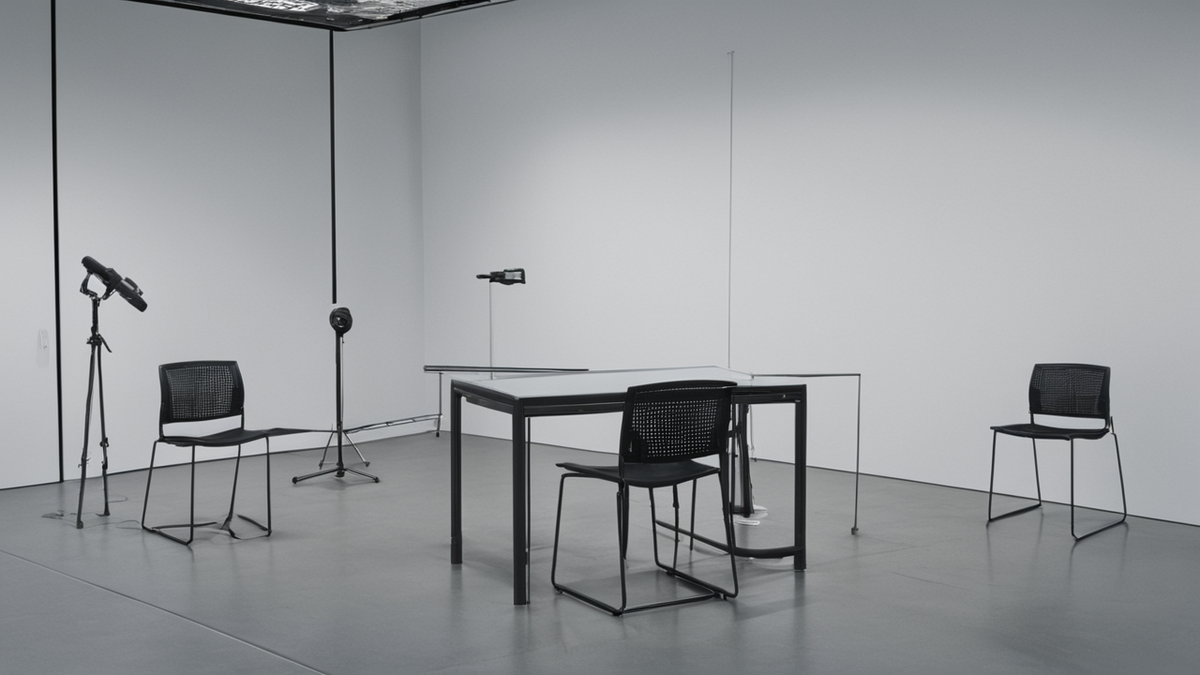 Un boîtier audio neutre posé entre deux chaises de consultation vides.