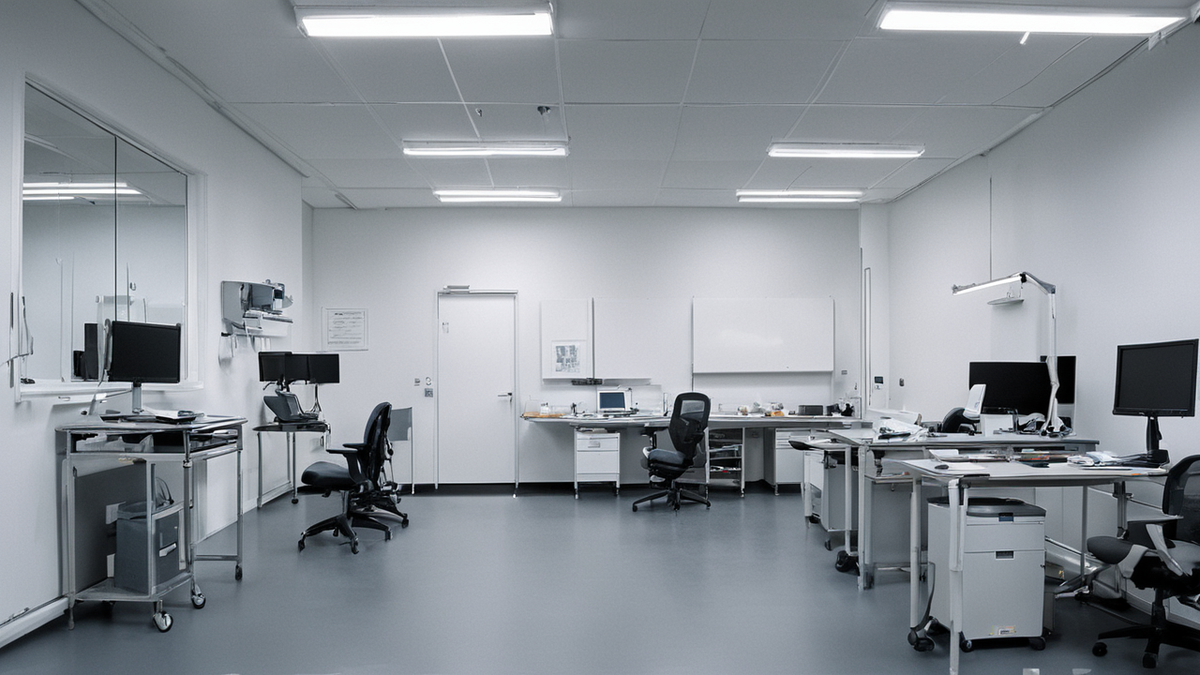 Une salle de consultation vide avec un fauteuil avancé et un écran éteint.