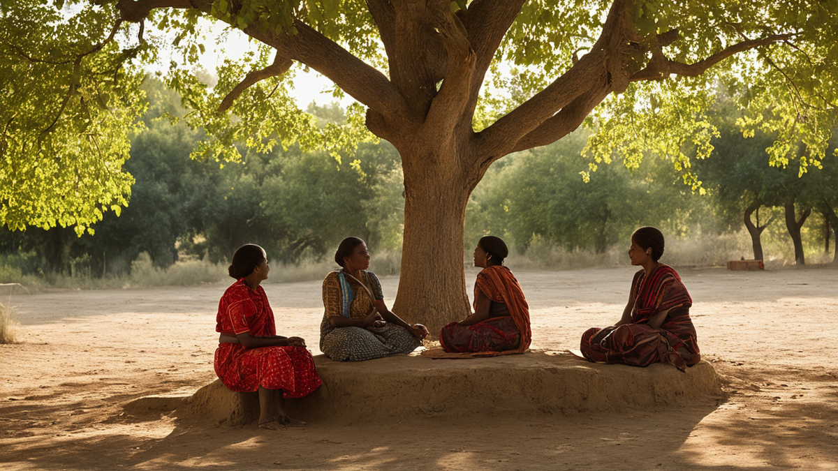Des femmes discutent ensemble dans un village, montrant le contexte collectif du geste vaccinal.