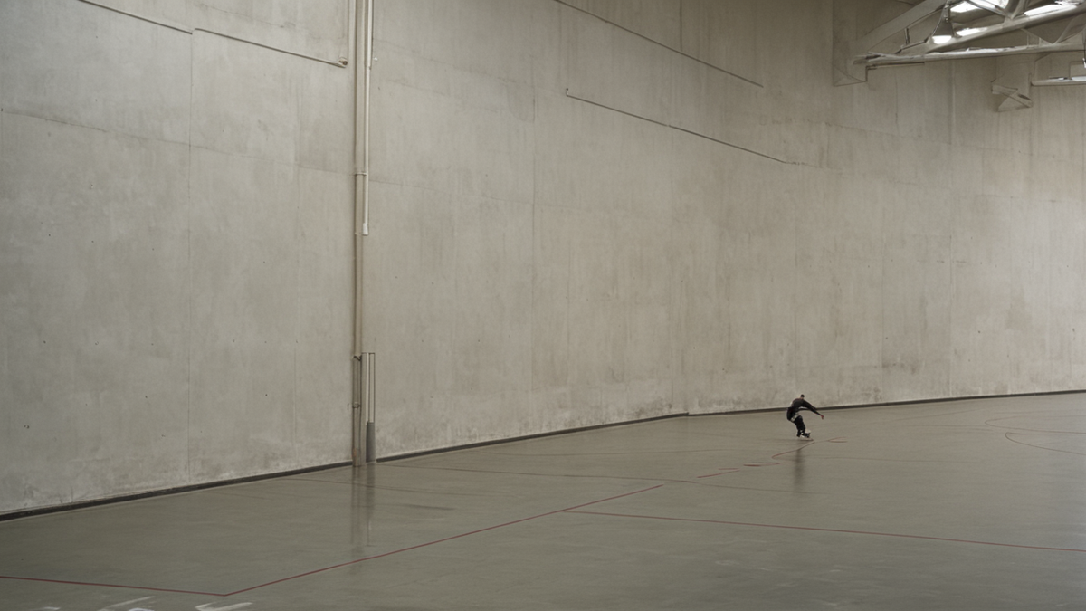 Un projecteur et une planche de skate dans une salle d'exposition sombre.