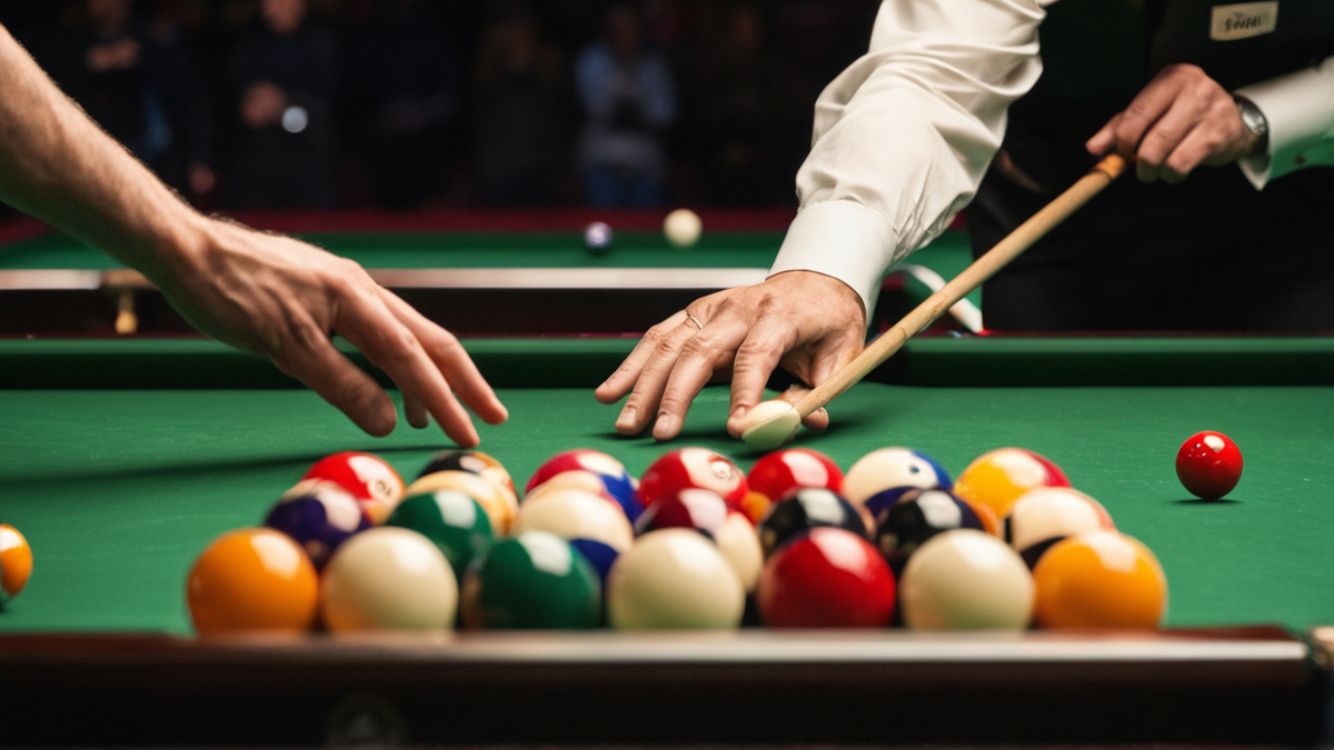 Une table de snooker éclairée avec les billes en place dans une salle de compétition.