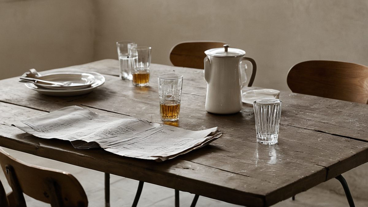 Une table encore habitée en fin de soirée, sans écran apparent