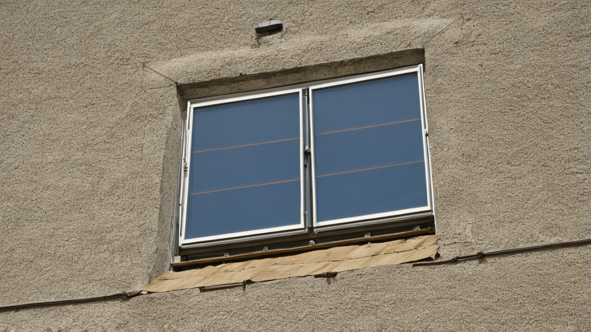 Intérieur de maison avec écran de suivi énergétique flouté et toit solaire visible par la fenêtre.