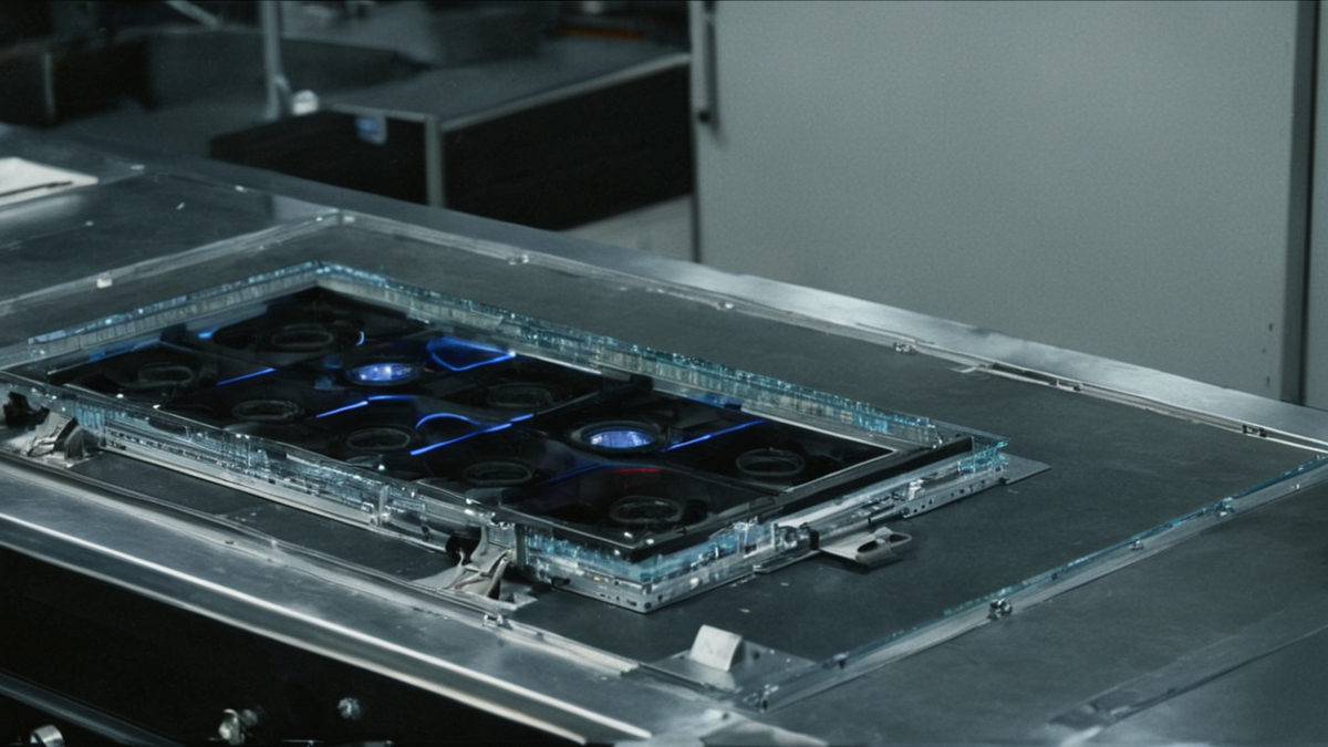 Plateau météo plongé dans une lumière bleue avec écrans de contrôle flous.
