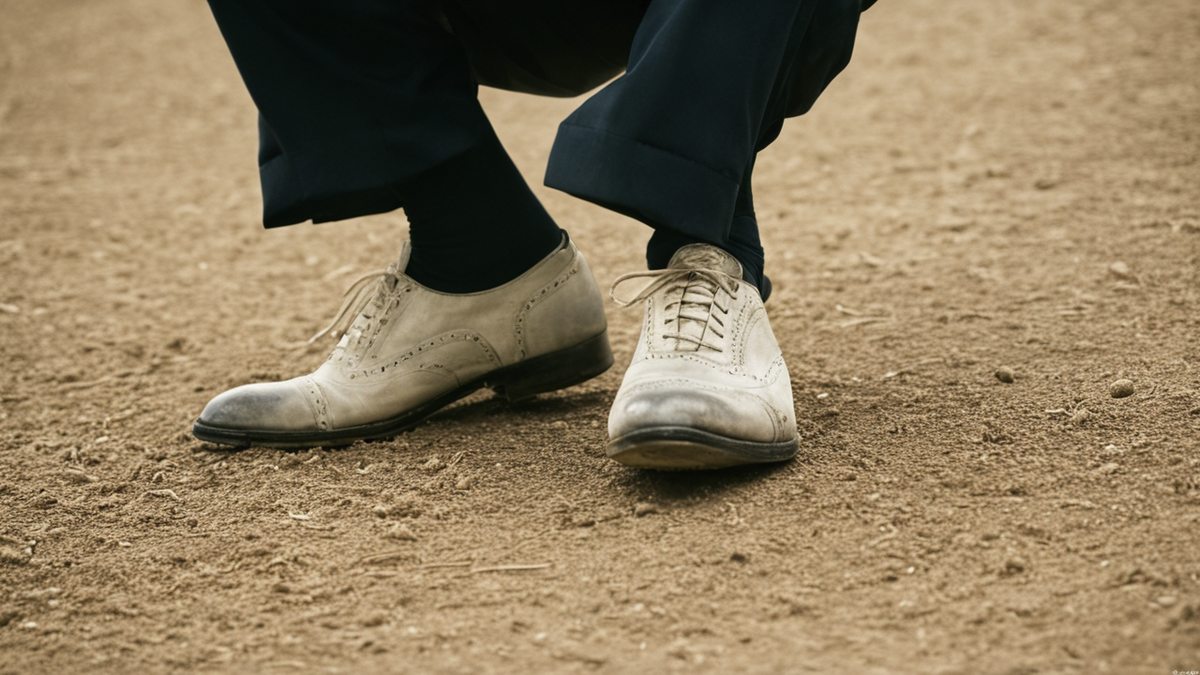 Des chaussures sans marque et un ballon posés sous un banc de vestiaire.