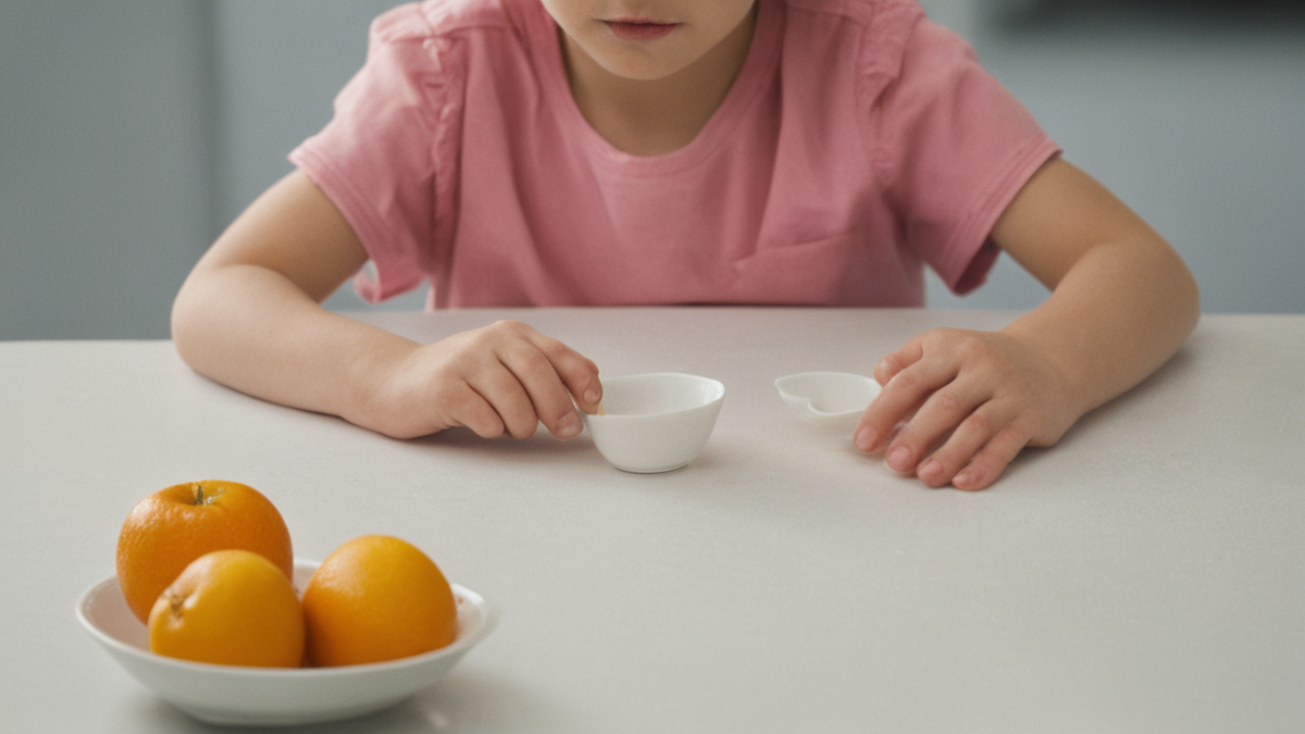 Une table de cuisine avec fruits, bol et éléments de routine familiale.