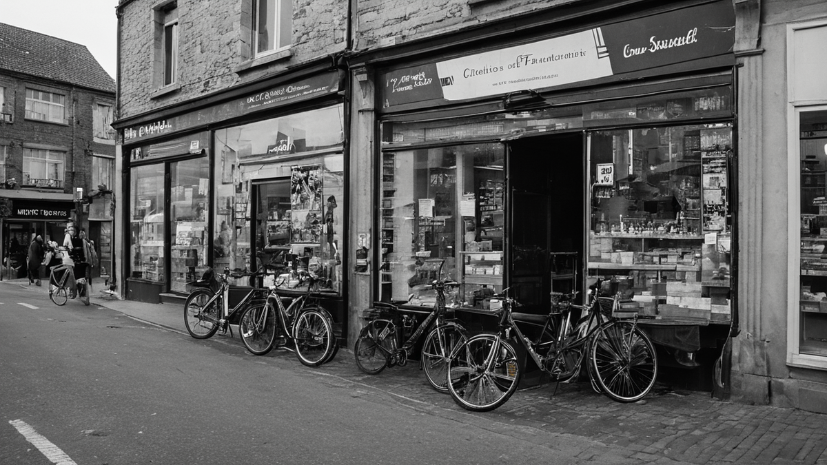 Une place de quartier en Suède avec des commerces ouverts et des passants en soirée.