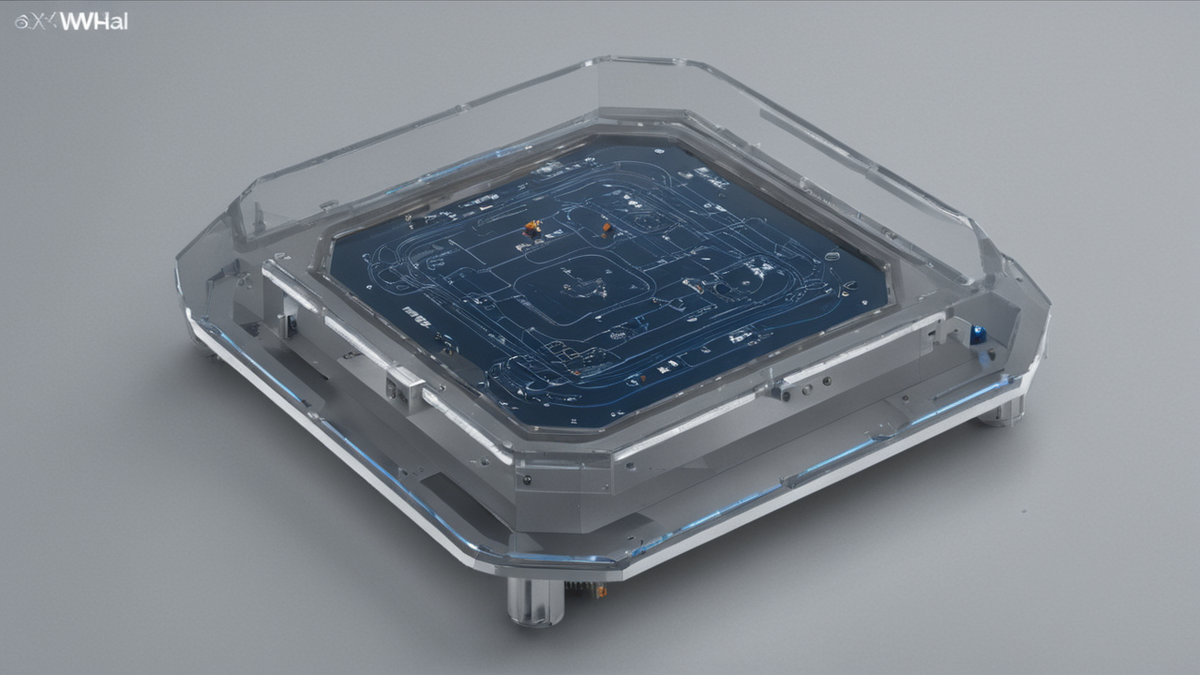 Un poste de contrôle industriel avec modules électroniques et maquette de robotaxi.