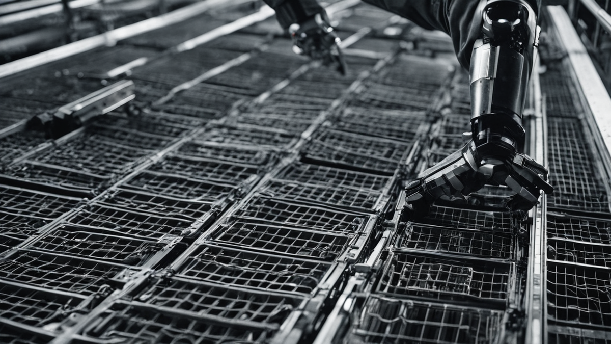 Une ligne d’assemblage avec véhicule autonome et rack de puces protégées.