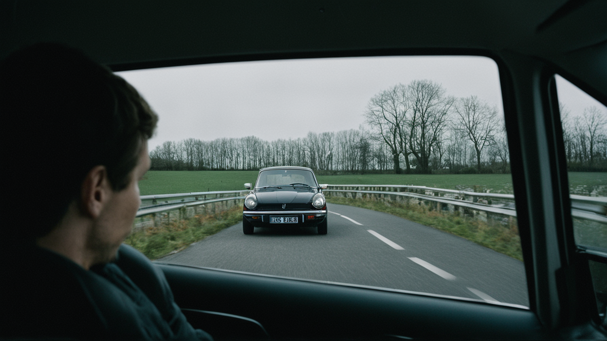 Un habitacle de voiture avec écran flou et pare-brise visible.