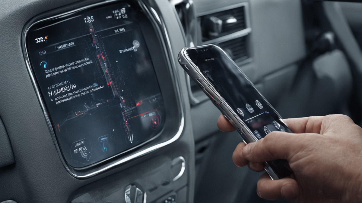 L'intérieur sobre d'un robotaxi avec un smartphone flou posé et le trottoir visible à travers la vitre.