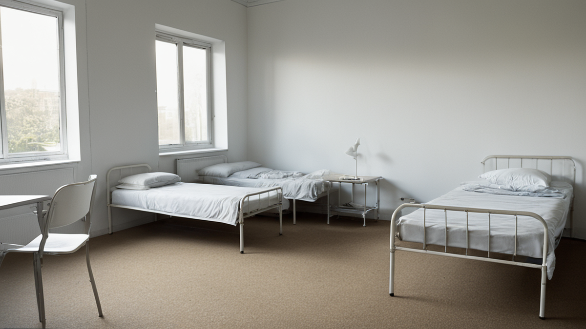 Un espace de vie austère pour adolescentes évoque la vie quotidienne sous contrôle dans la série.