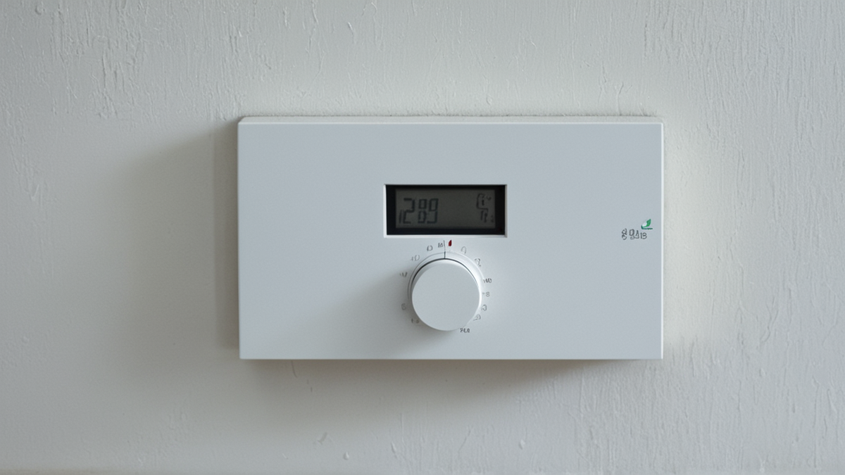 Un thermostat mural sans affichage installé près d’un radiateur.