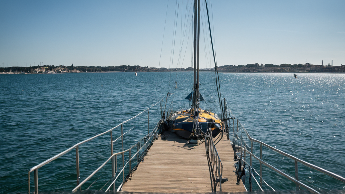 Un ponton de marina avec un catamaran à voile et deux vélos sans marque.
