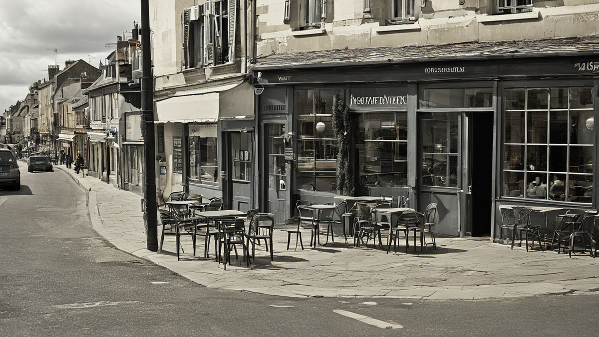 Une terrasse de café calme avec quelques personnes revenues s’asseoir dans la rue.