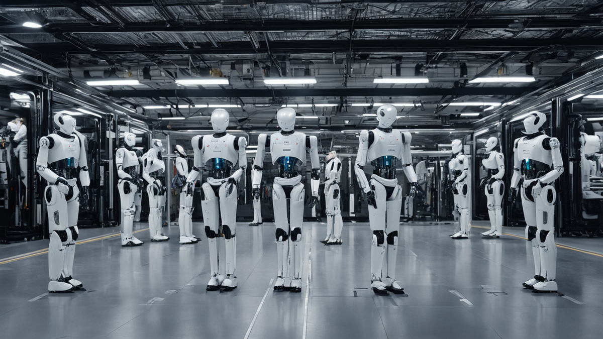 Plusieurs robots humanoïdes dans un espace sobre avec des équipements logistiques.