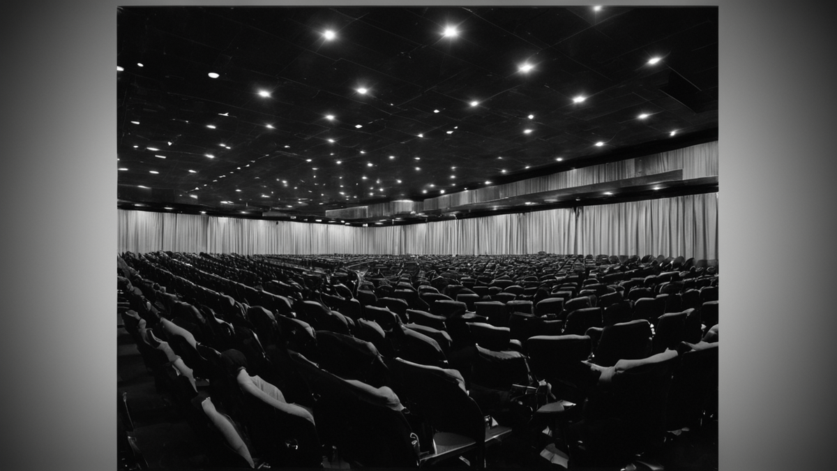 Salle de cinéma juste avant une projection avec quelques silhouettes assises