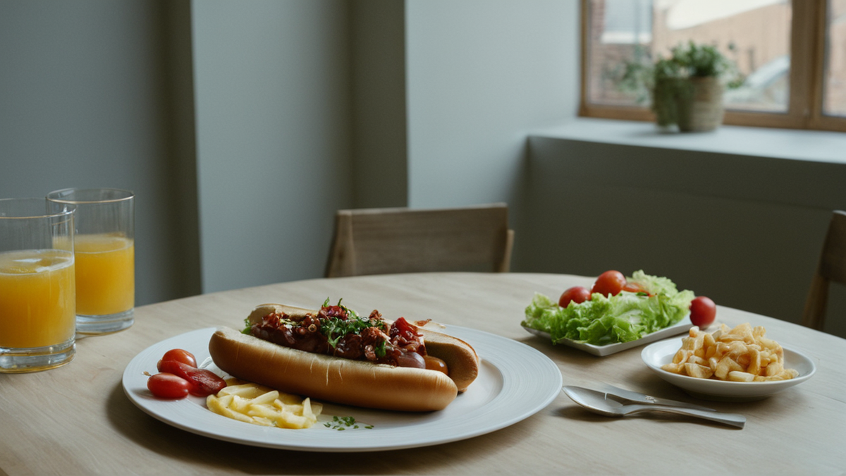Une table de cuisine avec sandwich et viande transformée rappelle un geste alimentaire banal.