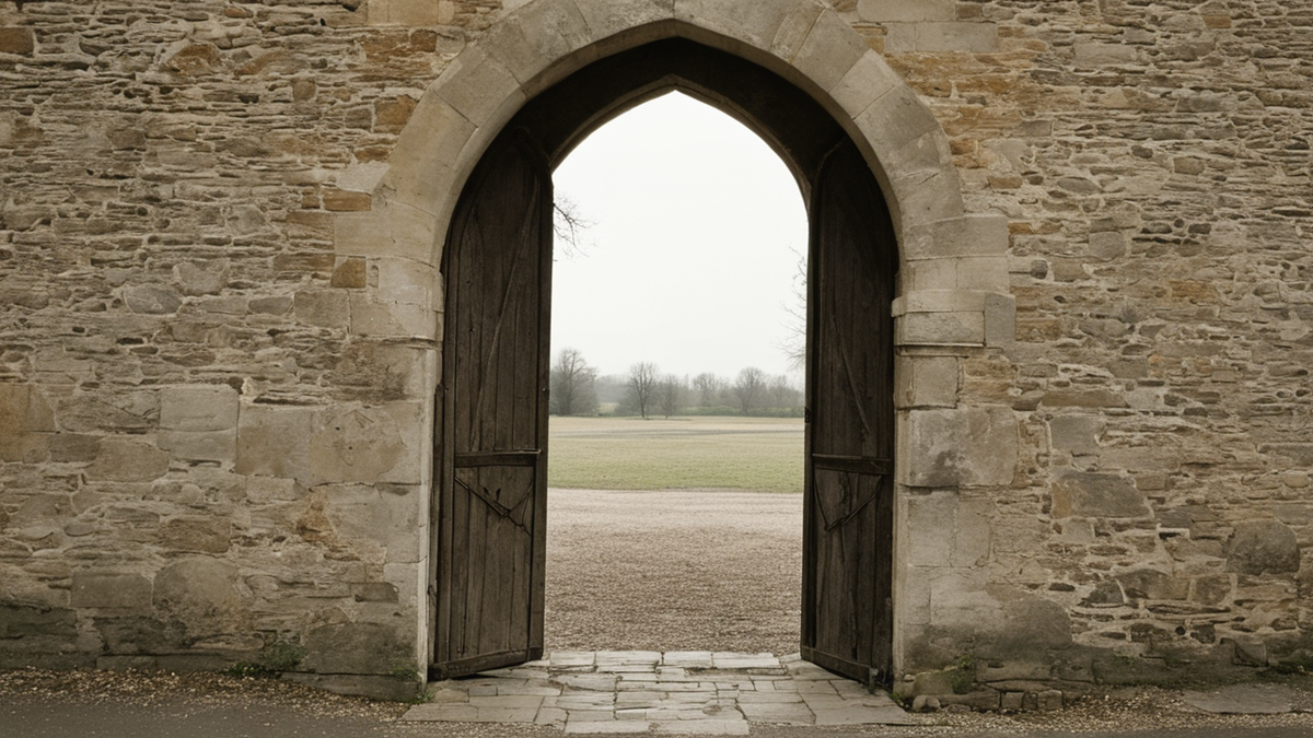 Une allée calme entre de petits logements sous arches suggère la reprise d’un dedans et d’un rythme quotidien.