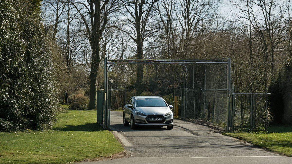 Une voiture stationnée dans une allée fait face à une porte d'entrée toute proche.