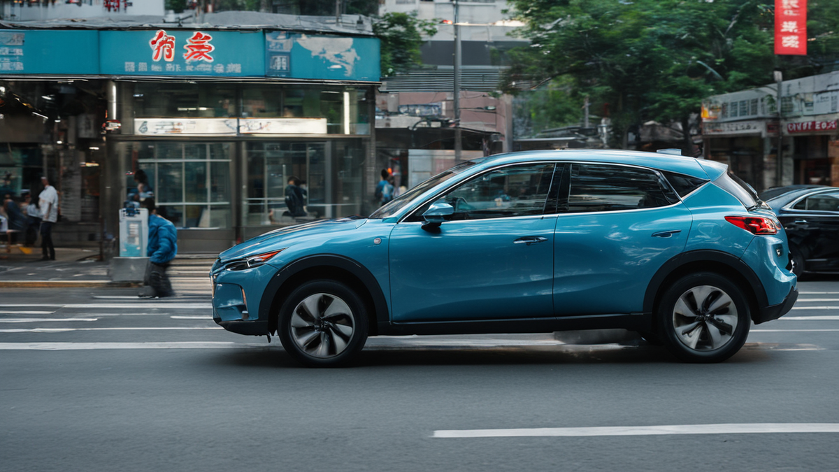 Voiture électrique moderne roulant dans une rue urbaine avec capteurs discrets visibles.