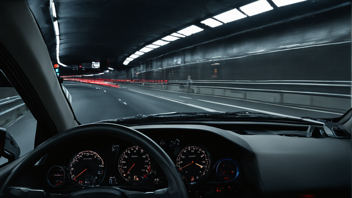 Tableau de bord avec affichage d’aide à la conduite flouté et route nocturne devant.