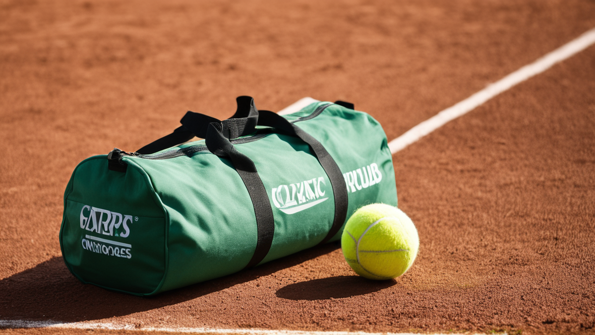 Un banc de court en terre battue avec un sac de tennis et une serviette après l'entraînement.