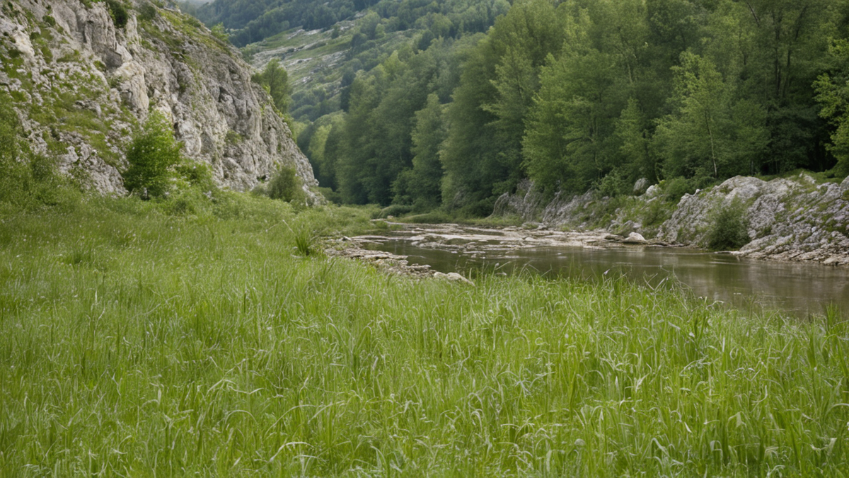 Un ruisseau et une prairie dans un espace de haute vallée avec peu d’aménagements visibles.